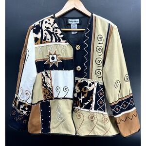 Indigo Moon Patchwork Tapestry Womens L Jacket Brown Black Leopard Festival AC15